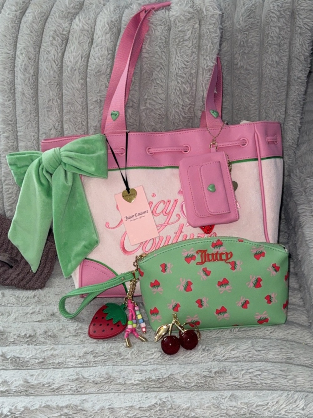 Juicy Couture Retro Strawberry Daydreamer Tote Cosmetic Case Cherry Fob BNWT